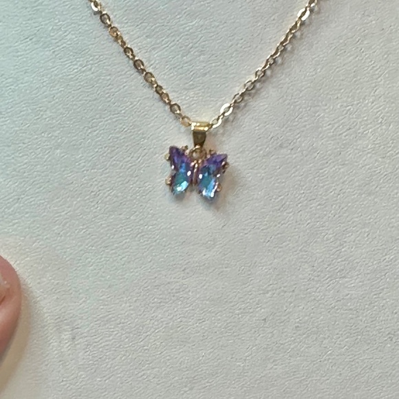 Gold Tone Mystic Glass Crystal Butterfly Pendant - Picture 13 of 16